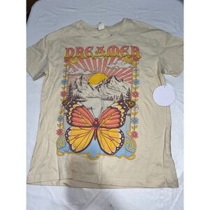Coastal Dreamer Women Small Cream Graphic T-Shirt Butterfly Mountain Boho NWT